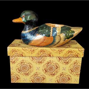 Vintage Style Bamboo Wood Duck Decoy Planter Hand Painted With Box